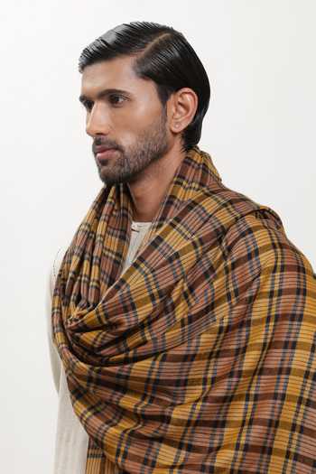 SHAZA_Yellow Checkered Pashmina Shawl _Online_at_Aza_Fashions