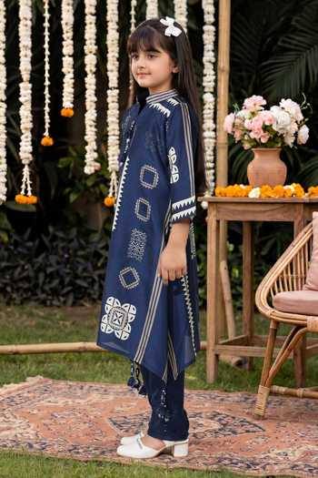 Petite Pomme_Blue Silk Geometric Print Kurta And Pant Set _Online_at_Aza_Fashions