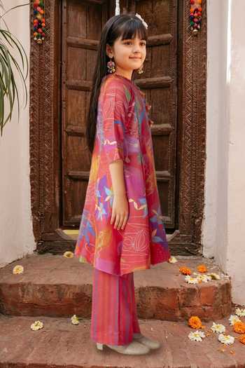 Petite Pomme_Red Viscose, Muslin Abstract Print Anarkali And Pant Set _Online_at_Aza_Fashions