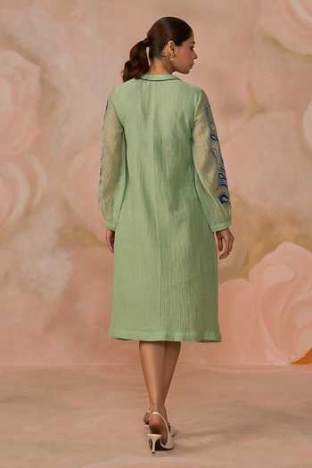 Kahani Lush_Green Chanderi Split V-neck Hand Embroidered Dress _Online_at_Aza_Fashions