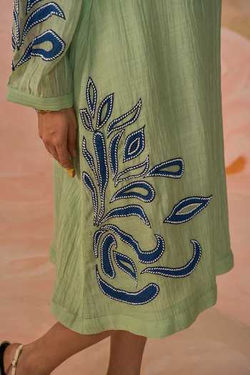 Kahani Lush_Green Chanderi Split V-neck Hand Embroidered Dress _at_Aza_Fashions