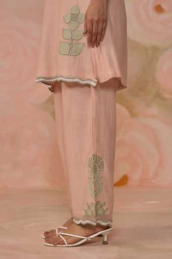 Shop_Kahani Lush_Pink Chanderi Split V-neck Hand Embroidered Kurta And Pant Set _Online_at_Aza_Fashions