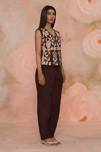 Buy_Kahani Lush_Brown Linen V-neck Hand Embroidered Top And Pant Set _Online_at_Aza_Fashions