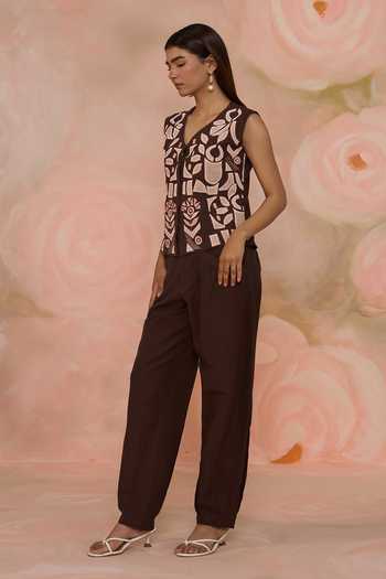 Shop_Kahani Lush_Brown Linen V-neck Hand Embroidered Top And Pant Set _Online_at_Aza_Fashions