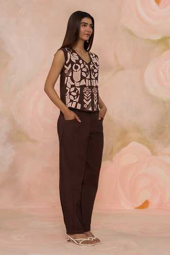 Kahani Lush_Brown Linen V-neck Hand Embroidered Top And Pant Set _at_Aza_Fashions