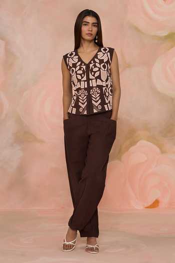 Buy_Kahani Lush_Brown Linen V-neck Hand Embroidered Top And Pant Set 