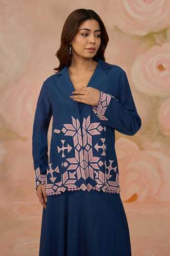 Kahani Lush_Blue Silk, Cotton V-neck Hand Embroidered Jacket And Skirt Set _Online_at_Aza_Fashions