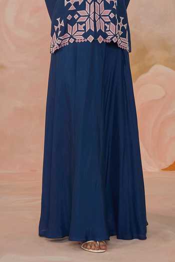 Buy_Kahani Lush_Blue Silk, Cotton V-neck Hand Embroidered Jacket And Skirt Set _Online_at_Aza_Fashions