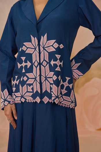 Shop_Kahani Lush_Blue Silk, Cotton V-neck Hand Embroidered Jacket And Skirt Set _Online_at_Aza_Fashions