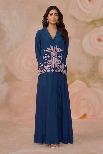 Kahani Lush_Blue Silk, Cotton V-neck Hand Embroidered Jacket And Skirt Set _at_Aza_Fashions
