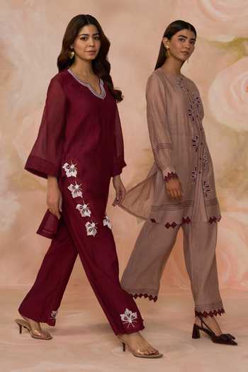 Shop_Kahani Lush_Grey Chanderi Round Neck Hand Embroidered Kurta And Pant Set _Online_at_Aza_Fashions