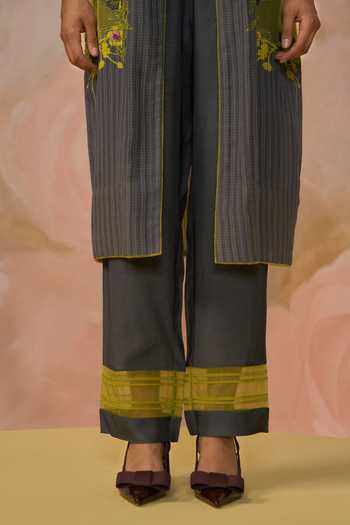 Kahani Lush_Grey Cotton Collared Hand Embroidered Jacket Pant Set _Online_at_Aza_Fashions