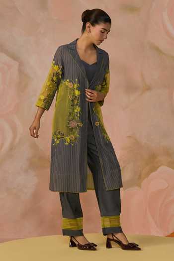 Buy_Kahani Lush_Grey Cotton Collared Hand Embroidered Jacket Pant Set _Online_at_Aza_Fashions