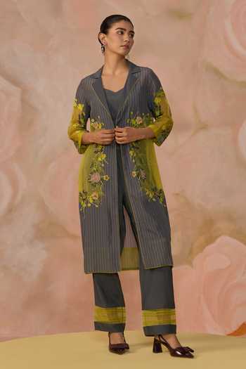 Shop_Kahani Lush_Grey Cotton Collared Hand Embroidered Jacket Pant Set _Online_at_Aza_Fashions