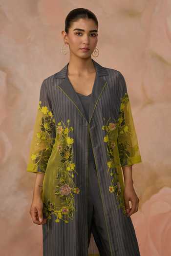 Kahani Lush_Grey Cotton Collared Hand Embroidered Jacket Pant Set _at_Aza_Fashions