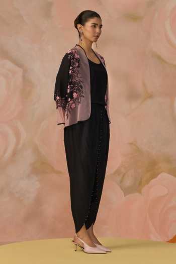 Buy_Kahani Lush_Black Silk, Cotton Embroidery Open Neck Hand Jacket Pant Set _Online_at_Aza_Fashions