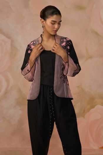 Shop_Kahani Lush_Black Silk, Cotton Embroidery Open Neck Hand Jacket Pant Set _Online_at_Aza_Fashions