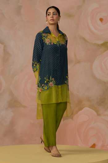 Kahani Lush_Blue Silk, Cotton Collared, Yes Hand Embroidered Kurta And Pant Set _Online_at_Aza_Fashions
