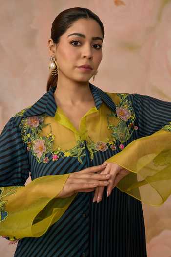Buy_Kahani Lush_Blue Silk, Cotton Collared, Yes Hand Embroidered Kurta And Pant Set _Online_at_Aza_Fashions
