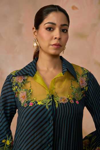 Shop_Kahani Lush_Blue Silk, Cotton Collared, Yes Hand Embroidered Kurta And Pant Set _Online_at_Aza_Fashions