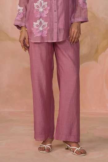 Kahani Lush_Pink Chanderi Mandarin Collar, Yes Hand Embroidered Kurta Set _Online_at_Aza_Fashions