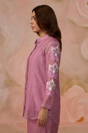 Shop_Kahani Lush_Pink Chanderi Mandarin Collar, Yes Hand Embroidered Kurta Set _Online_at_Aza_Fashions