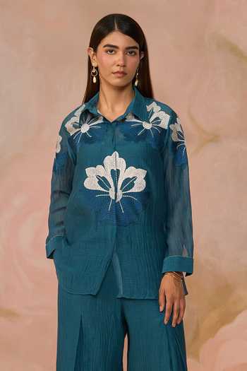 Kahani Lush_Blue Chanderi Collared Hand Embroidered Shirt And Pant Set _Online_at_Aza_Fashions