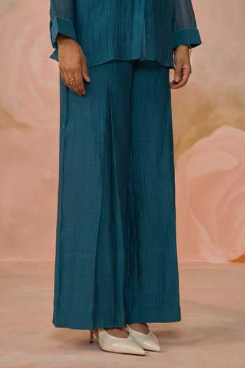 Buy_Kahani Lush_Blue Chanderi Collared Hand Embroidered Shirt And Pant Set _Online_at_Aza_Fashions