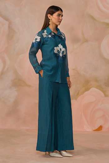 Shop_Kahani Lush_Blue Chanderi Collared Hand Embroidered Shirt And Pant Set _Online_at_Aza_Fashions