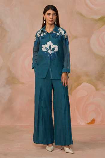 Kahani Lush_Blue Chanderi Collared Hand Embroidered Shirt And Pant Set _at_Aza_Fashions