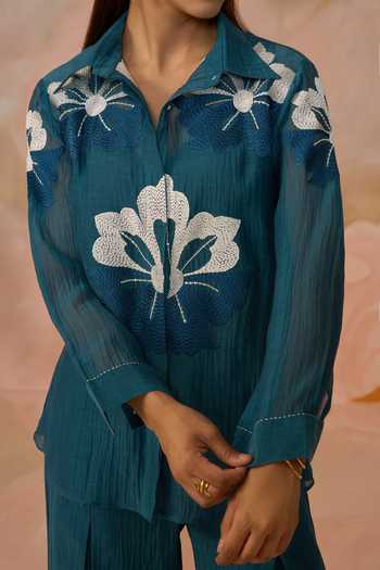 Buy_Kahani Lush_Blue Chanderi Collared Hand Embroidered Shirt And Pant Set 