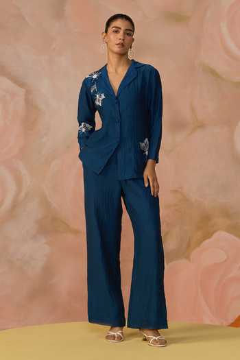Kahani Lush_Blue Chanderi Hand Embroidered Blazer And Pant Set _Online_at_Aza_Fashions