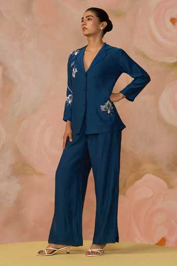 Buy_Kahani Lush_Blue Chanderi Hand Embroidered Blazer And Pant Set _Online_at_Aza_Fashions