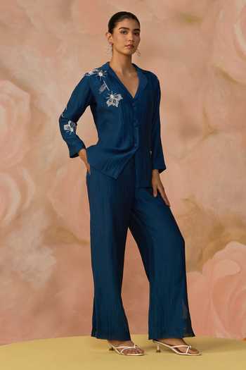 Shop_Kahani Lush_Blue Chanderi Hand Embroidered Blazer And Pant Set _Online_at_Aza_Fashions