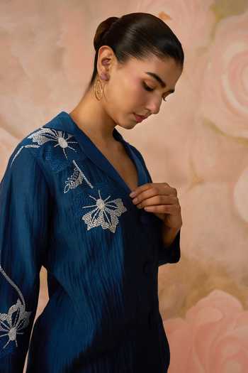 Kahani Lush_Blue Chanderi Hand Embroidered Blazer And Pant Set _at_Aza_Fashions