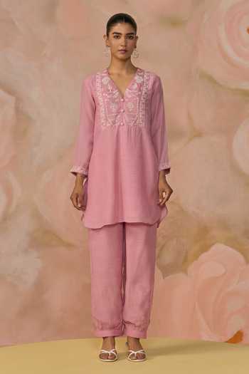 Shop_Kahani Lush_Pink Silk, Cotton V-neck, Yes Hand Embroidered Kurta And Pant Set _Online_at_Aza_Fashions