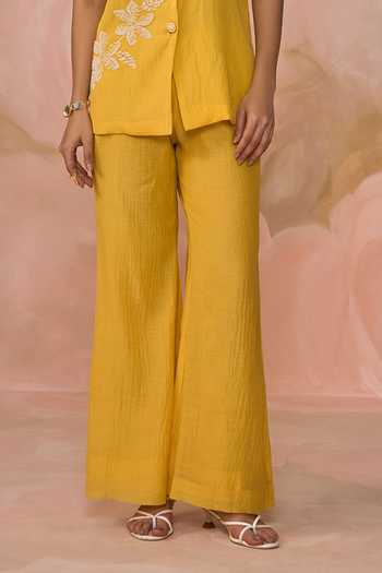 Kahani Lush_Yellow Chanderi Collared Hand Embroidered Top And Pant Set _Online_at_Aza_Fashions
