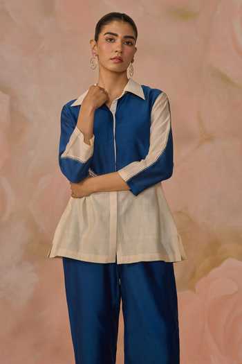 Kahani Lush_Blue Chanderi Collared Color Block Shirt And Pant Set _Online_at_Aza_Fashions
