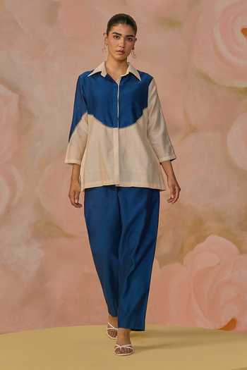 Buy_Kahani Lush_Blue Chanderi Collared Color Block Shirt And Pant Set _Online_at_Aza_Fashions