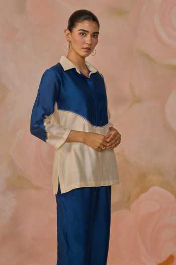 Shop_Kahani Lush_Blue Chanderi Collared Color Block Shirt And Pant Set _Online_at_Aza_Fashions