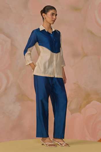 Kahani Lush_Blue Chanderi Collared Color Block Shirt And Pant Set _at_Aza_Fashions