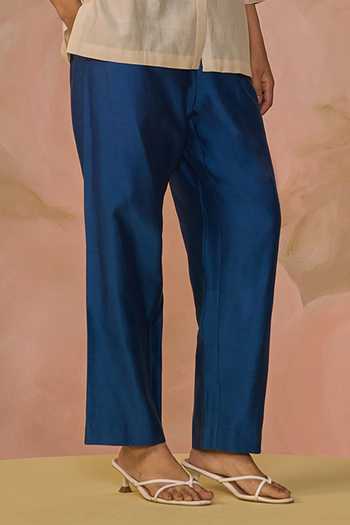 Buy_Kahani Lush_Blue Chanderi Collared Color Block Shirt And Pant Set 