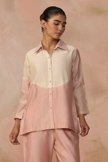 Kahani Lush_Pink Chanderi Collared Color Block Shirt And Pant Set _Online_at_Aza_Fashions