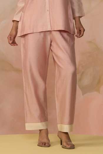 Buy_Kahani Lush_Pink Chanderi Collared Color Block Shirt And Pant Set _Online_at_Aza_Fashions