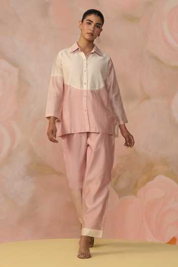 Shop_Kahani Lush_Pink Chanderi Collared Color Block Shirt And Pant Set _Online_at_Aza_Fashions