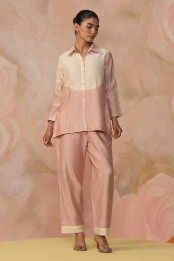 Kahani Lush_Pink Chanderi Collared Color Block Shirt And Pant Set _at_Aza_Fashions