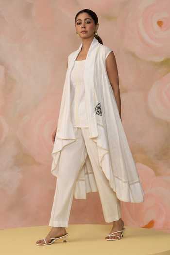 Buy_Kahani Lush_White Linen Square Neck Asymmetric Jacket Pant Set _Online_at_Aza_Fashions