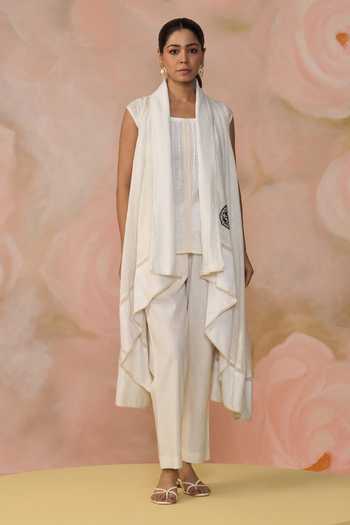 Shop_Kahani Lush_White Linen Square Neck Asymmetric Jacket Pant Set _Online_at_Aza_Fashions