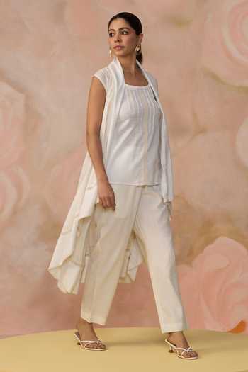 Kahani Lush_White Linen Square Neck Asymmetric Jacket Pant Set _at_Aza_Fashions