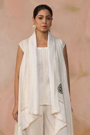 Buy_Kahani Lush_White Linen Square Neck Asymmetric Jacket Pant Set 